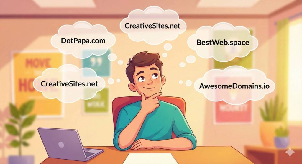 A person brainstorming domain names with thought bubbles showing different creative domain ideas