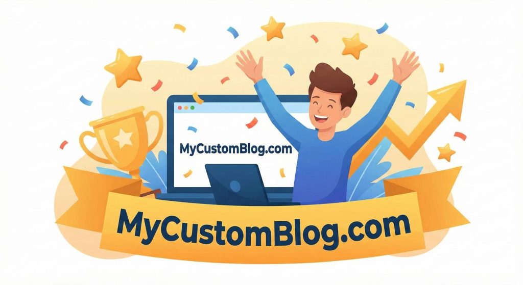 blogger celebrating success with their custom domain displayed prominently