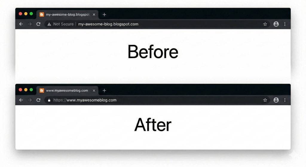 Comparison between a free blogspot.com subdomain and a professional custom domain URL in a browser address bar