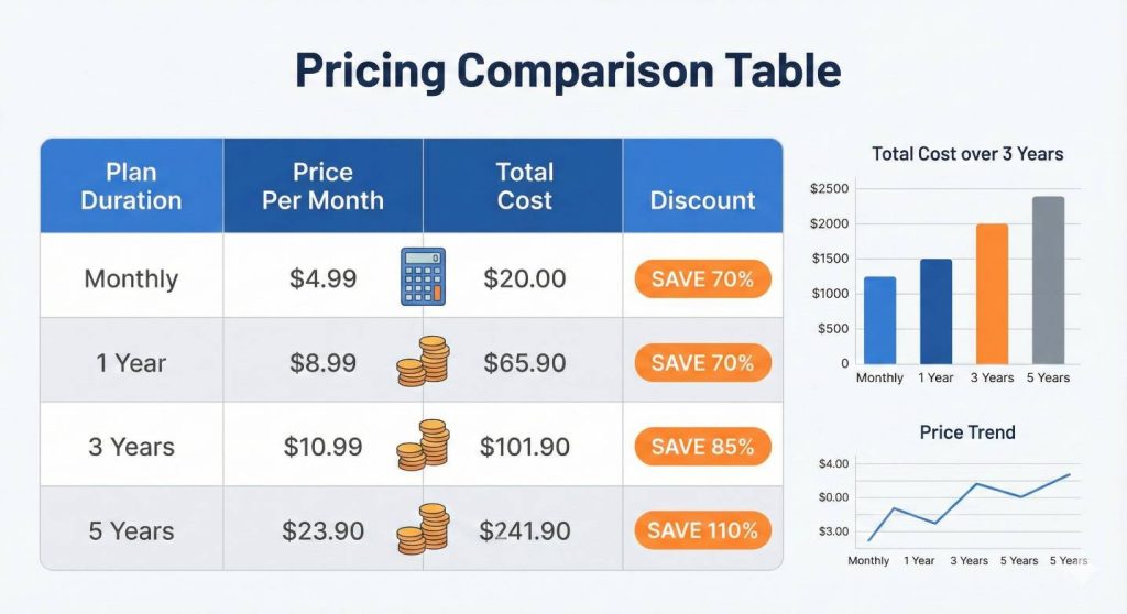 Pricing comparison table showing different hosting plan