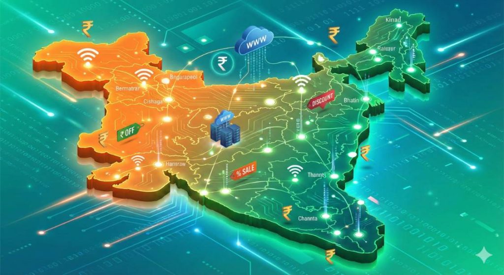 India map with digital connectivity icons, web hosting symbols, rupee currency signs, and discount