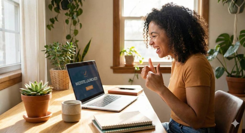 Happy person working on laptop celebrating success, website launched