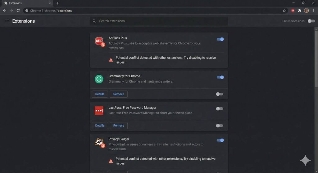 Browser extensions menu showing multiple installed extensions 