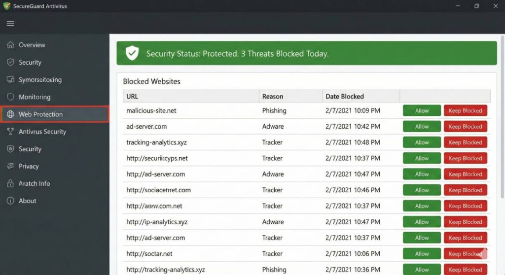 Antivirus dashboard showing blocked websites list 
