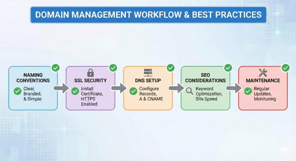 Infographic checklist showing connected nodes for domain management: naming conventions, SSL security, DNS setup, SEO considerations, and maintenance.