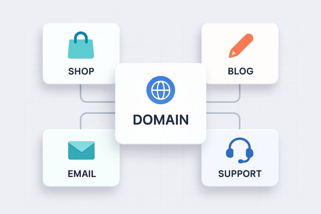Modern dashboard interface showing a central domain hub connected to shop, blog, email, and support subdomain cards.