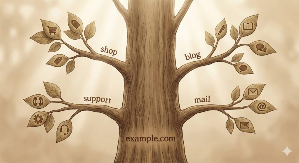 A visual tree diagram where the main trunk is labeled "example.com", and four branches extend outwards representing subdomains: "shop", "blog", "support", and "mail", each with thematic icons in warm sepia tones.