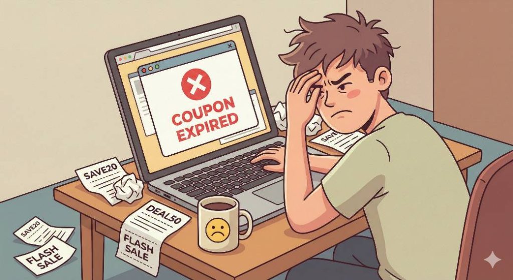 Illustration of a frustrated person looking at a laptop screen displaying a 'Coupon Expired' error message with scattered paper codes.