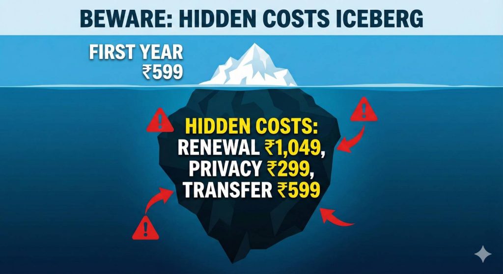 Iceberg infographic showing a low first-year price of ₹599 above water and high hidden costs like renewal fees of ₹1,049 below water.