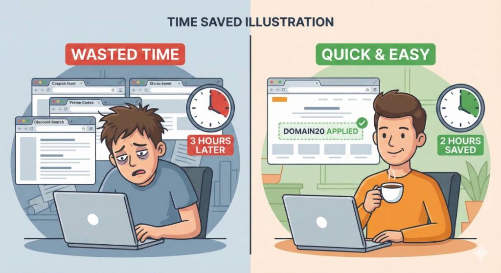 Split-screen illustration comparing a stressed user wasting time searching for coupons versus a relaxed user instantly saving time with code DOMAIN20.