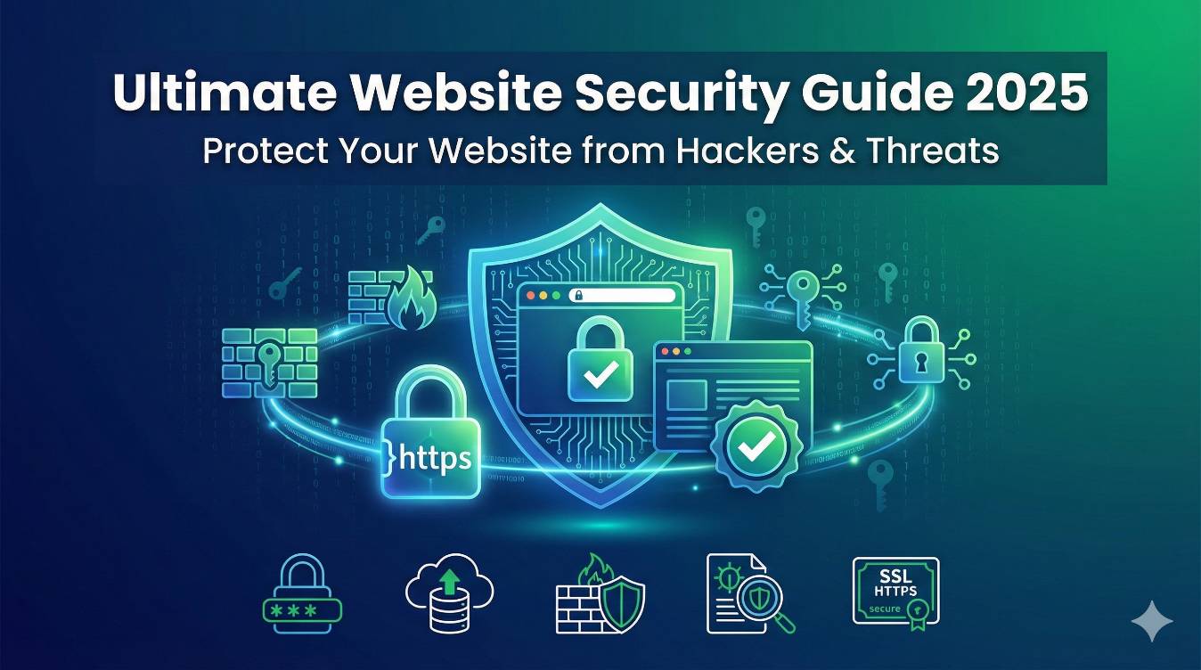 Complete website security guide showing protection measures including SSL, firewall, backups and malware prevention to secure websites from hackers