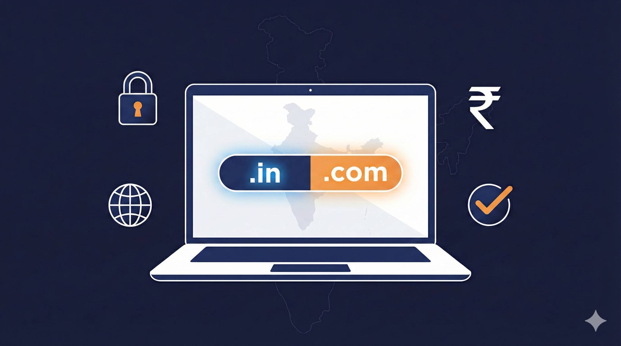 Domain registration in India – search bar showing .in and .com extensions on a laptop